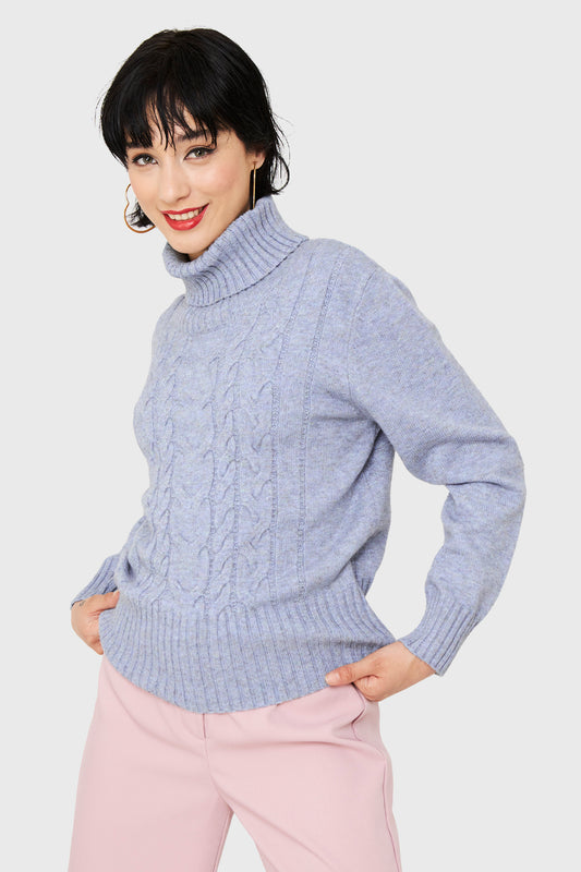 Sweater Cuello Alto Trenzas Celeste