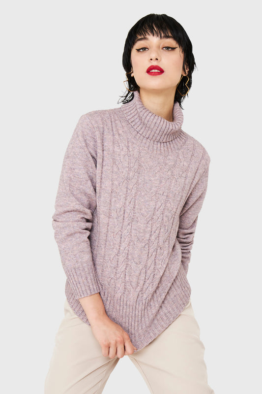 Sweater Cuello Alto Trenzas Lila