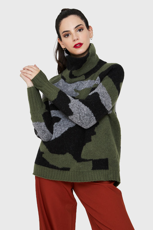 Sweater Cuello Alto Camuflaje Oliva