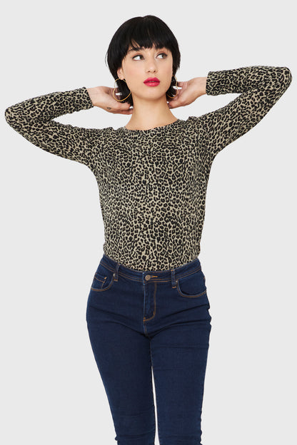 Polera Manga Larga Leopard Oliva