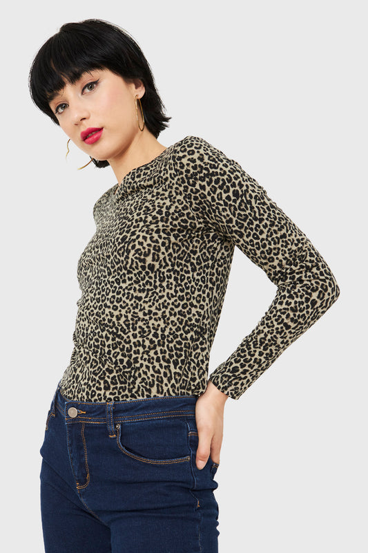 Polera Manga Larga Leopard Oliva