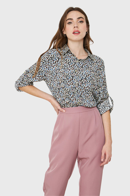 Blusa Bolsillo Animal Print Crema