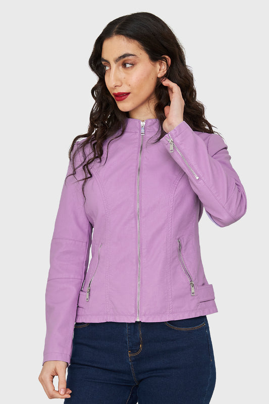 Chaqueta Cuello Mao Ecocuero Lila