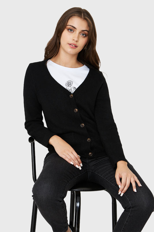 Cárdigan Abotonado Bolsillos Negro
