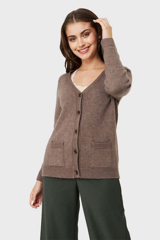 Cárdigan Abotonado Bolsillos Café
