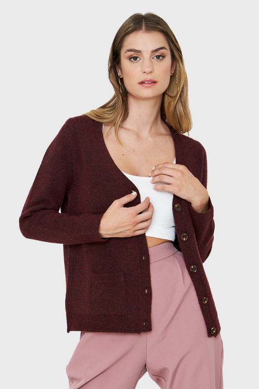Cárdigan Abotonado Bolsillos Burdeos