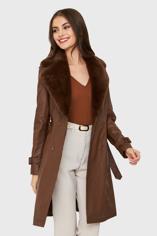 Chaqueta Midi Ecocuero Café