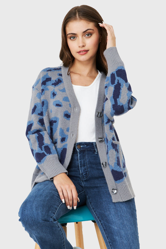 Cárdigan Botones Animal Print Celeste