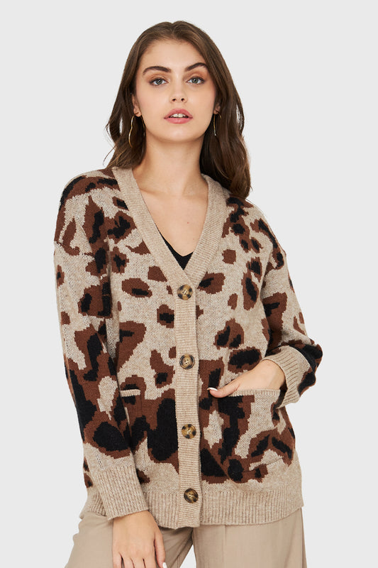 Cárdigan Botones Animal Print  Khaki