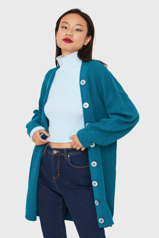 Cárdigan Básico Oversize Azul Petróleo