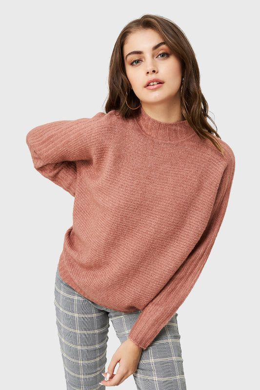 Sweater Cuello Alto Acanalado Rosado