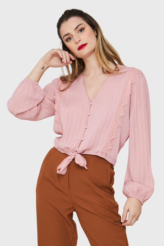 Blusa Nudo Detalle Encaje Rosa