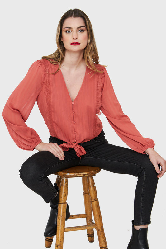 Blusa Nudo Detalle Encaje Óxido