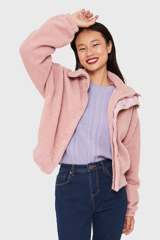 Chaqueta Teddy Cierre Y Broches Rosa