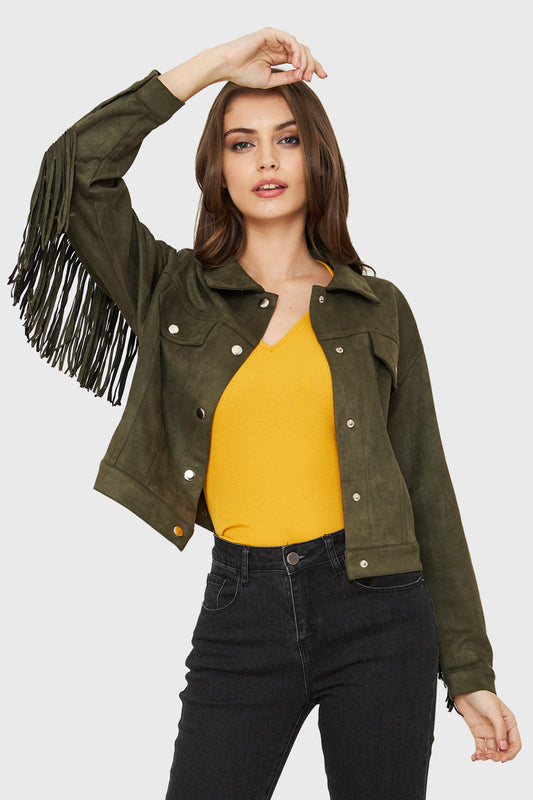 Chaqueta Tipo Gamuza Flecos Oliva