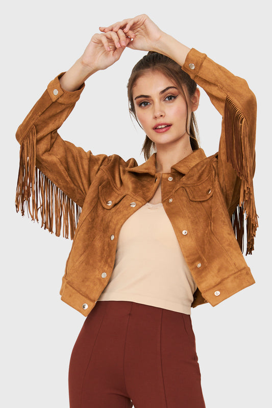 Chaqueta Tipo Gamuza Flecos Café