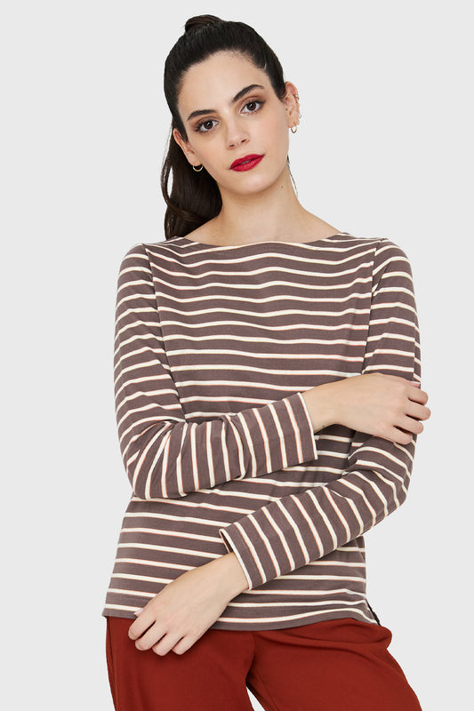 Polera Rayas Marinera Tajos Café/Blanco