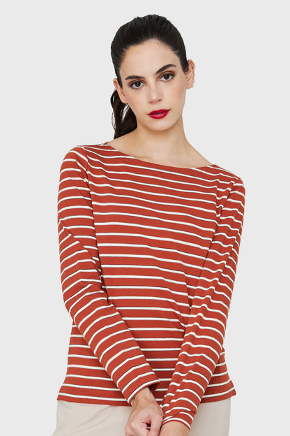 Polera Rayas Marinera Tajos Óxido/Blanco