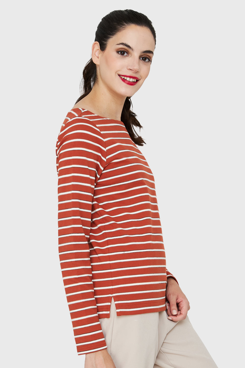 Polera Rayas Marinera Tajos Óxido/Blanco