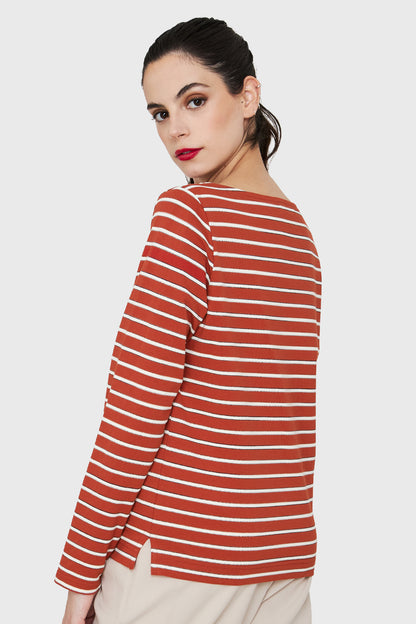Polera Rayas Marinera Tajos Óxido/Blanco