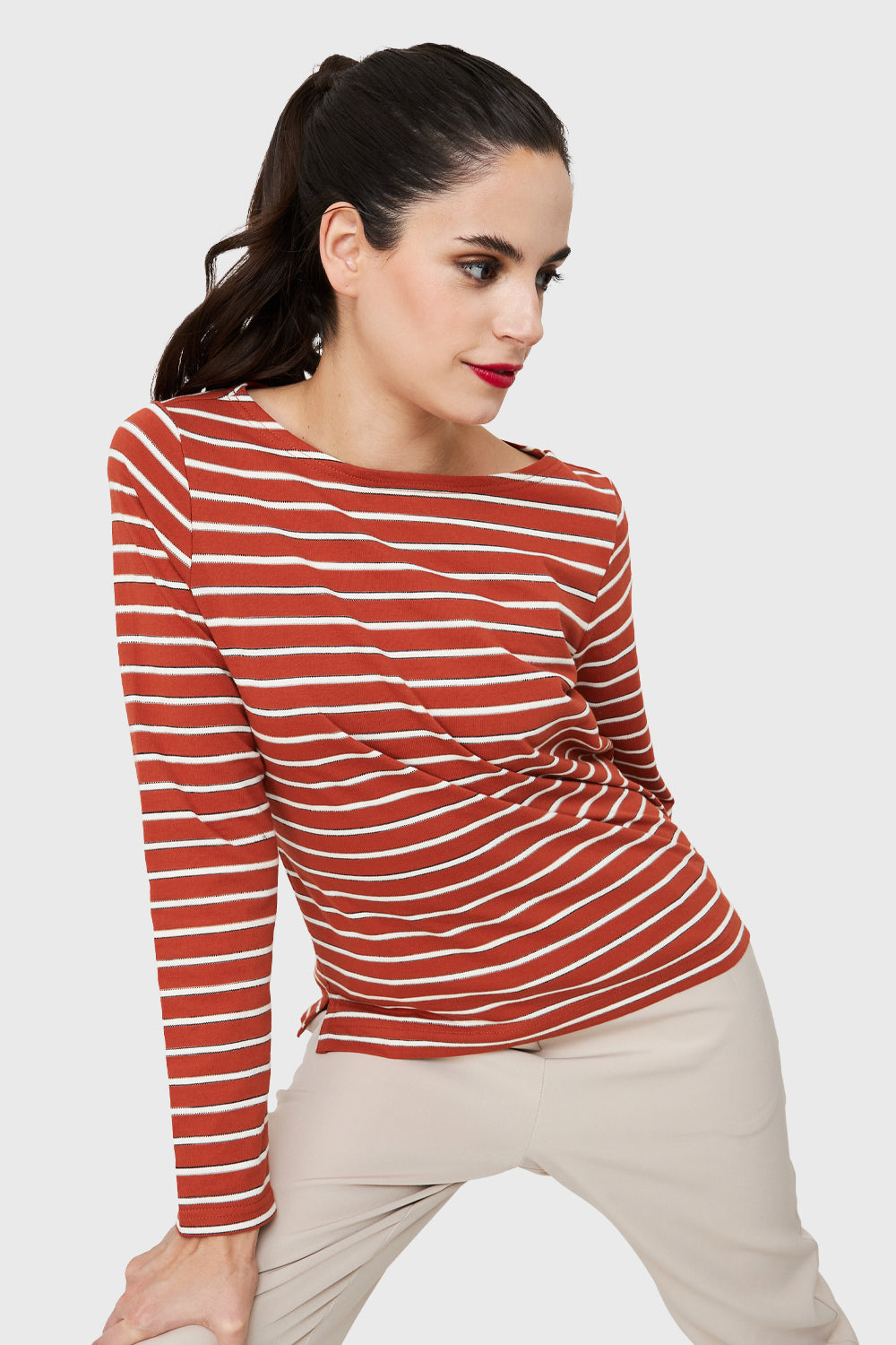 Polera Rayas Marinera Tajos Óxido/Blanco
