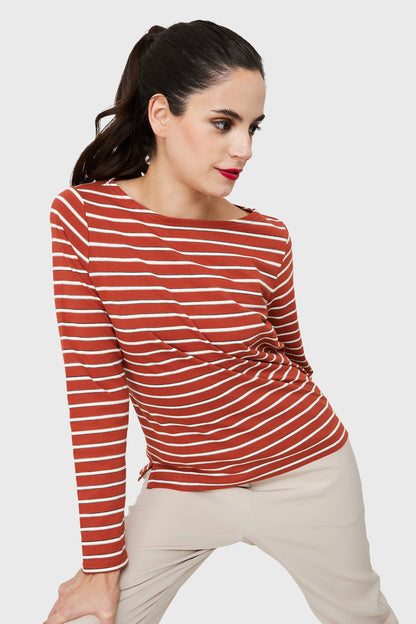 Polera Rayas Marinera Tajos Óxido/Blanco