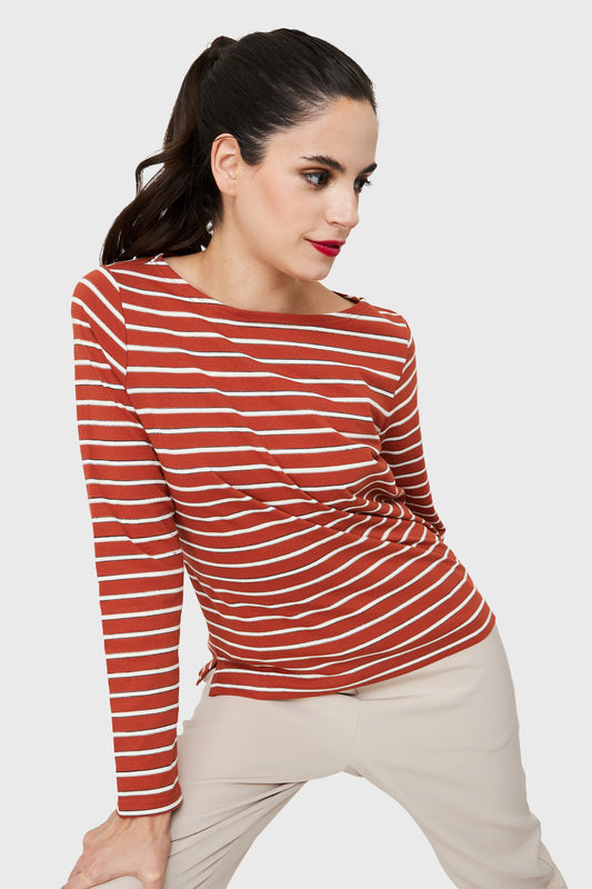 Polera Rayas Marinera Tajos Óxido/Blanco