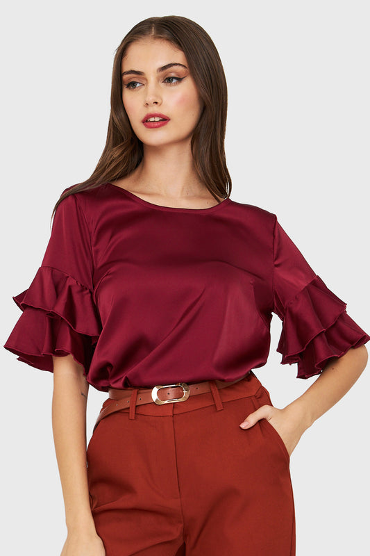 Blusa Tipo Satín Vuelos Burdeos