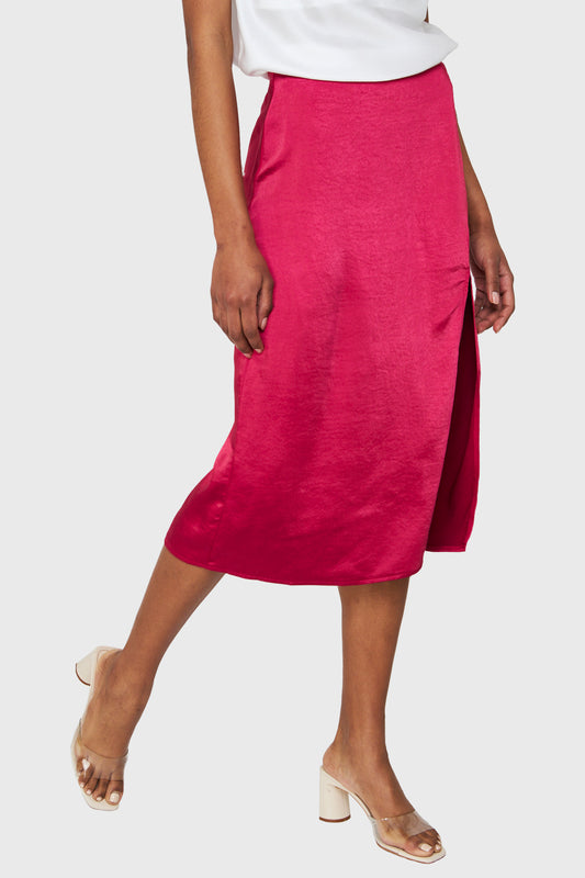 Falda Midi Tipo Satín Fucsia