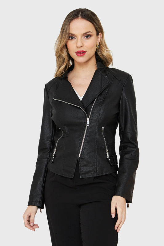 Chaqueta Cuello Mao Ecocuero Cierre Diagonal Negro