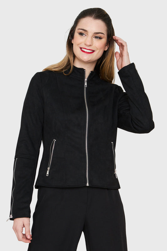 Chaqueta Tipo Gamuza Cuello Mao Negro