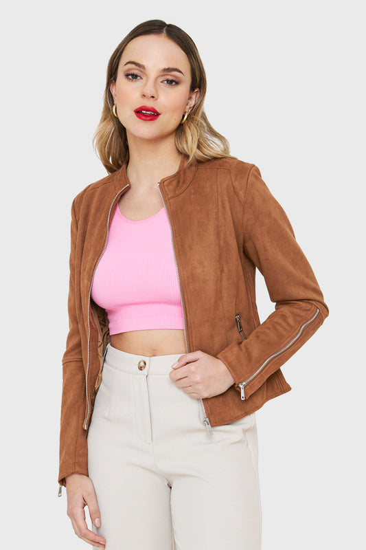Chaqueta Tipo Gamuza Cuello Mao Camel