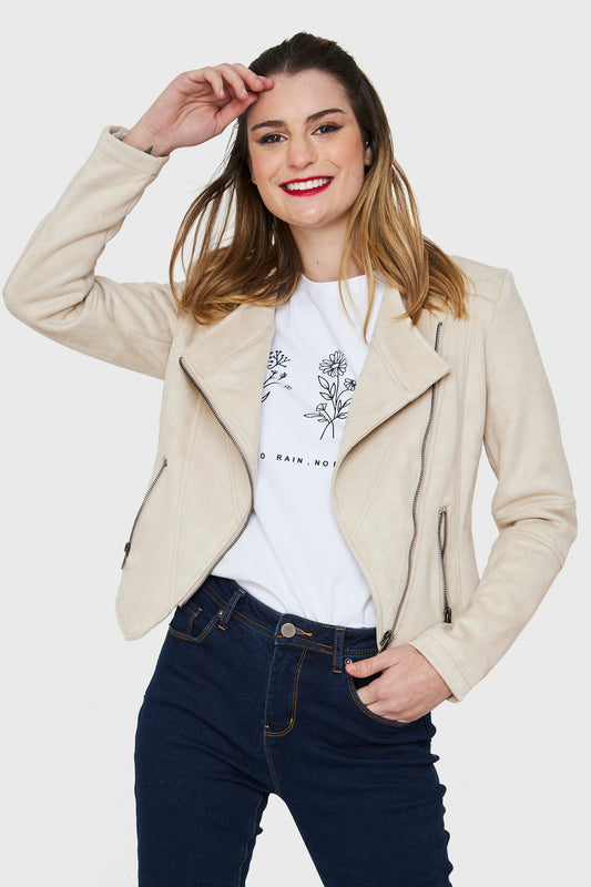 Chaqueta Tipo Gamuza Cierre Diagonal Crema
