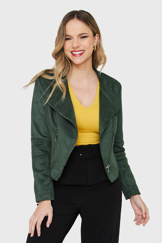 Chaqueta Tipo Gamuza Cierre Diagonal Verde