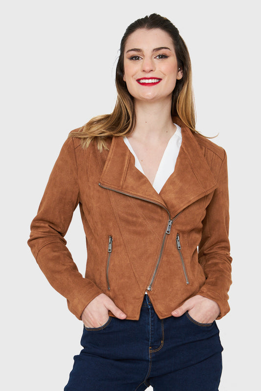 Chaqueta Tipo Gamuza Cierre Diagonal Camel