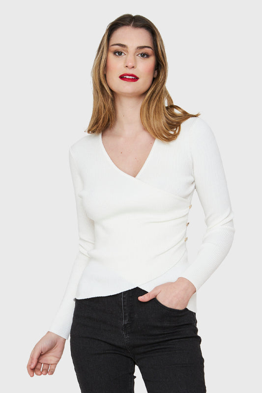 Polera Canalé Botones Decorativos Blanco