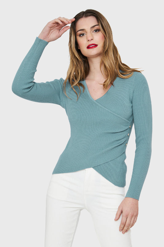 Polera Canalé Botones Decorativos Celeste
