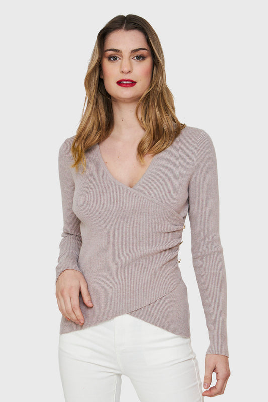 Polera Canalé Botones Decorativos Khaki