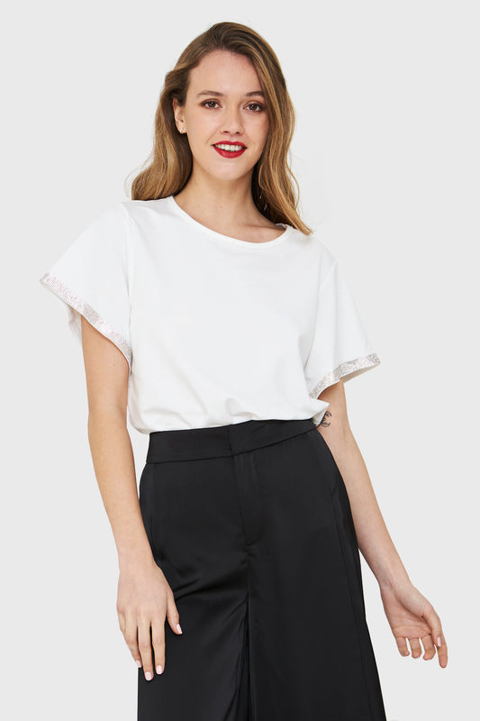Polera Manga Strass Blanco