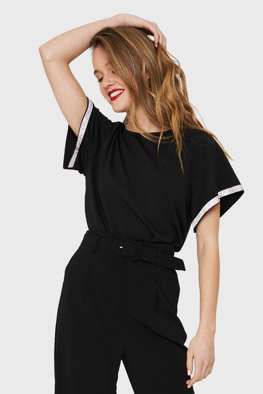 Polera Manga Strass Negro