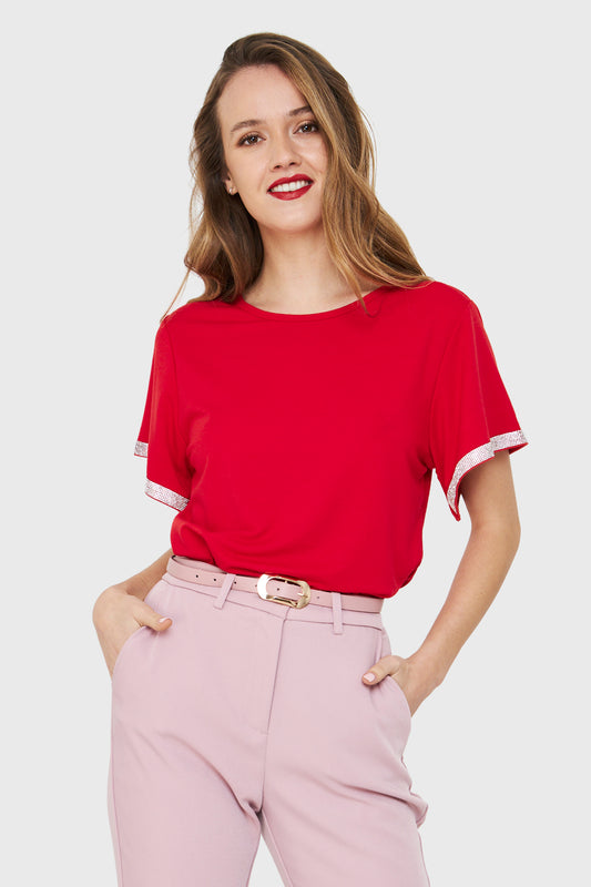 Polera Manga Strass Rojo