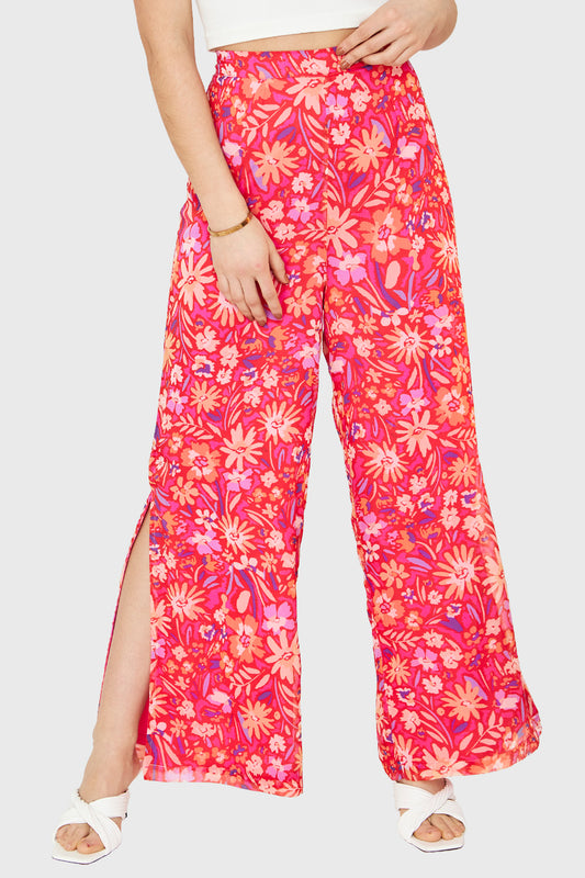 Pantalón Palazzo Tajos Floral Fucsia