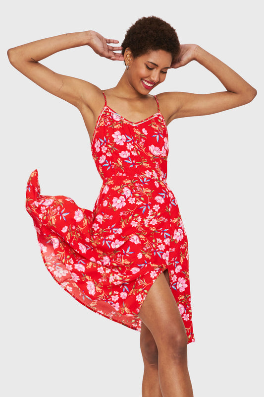 Vestido Floral Tajo Rojo