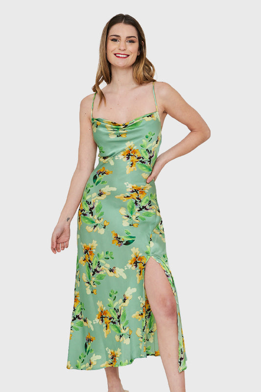 Vestido Tipo Satín Tajo Floral Verde
