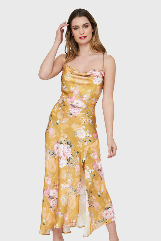 Vestido Tipo Satín Tajo Floral Amarillo