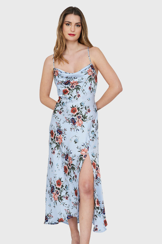 Vestido Tipo Satín Tajo Floral Celeste