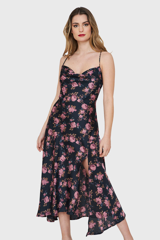 Vestido Tipo Satín Tajo Floral Azul