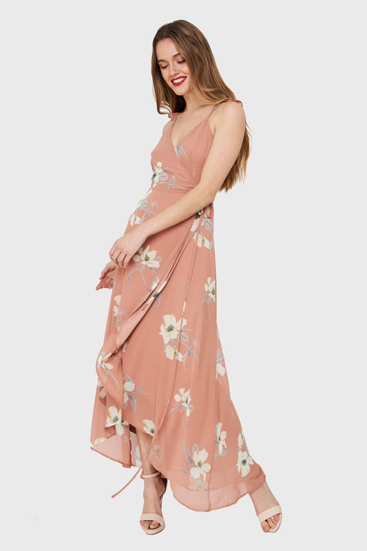 Vestido Largo Flores Envolvente Nude