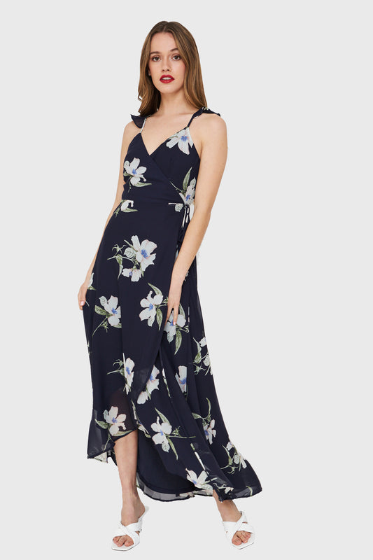 Vestido Largo Flores Envolvente Azul