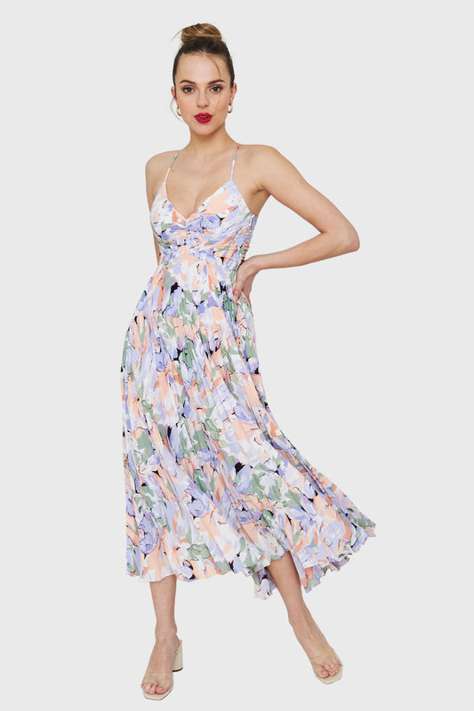 Vestido Plisado Floreado Lila